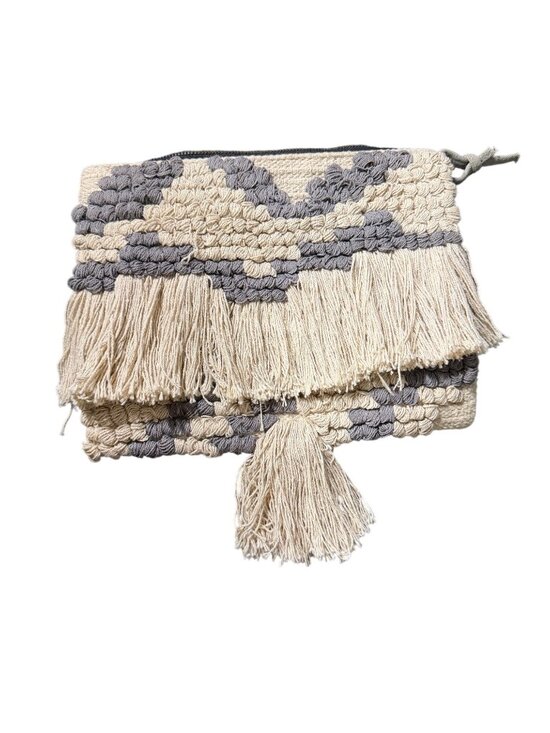 Monserat De Lucca Handbags - Monserat De Lucca Boho Woven Fringe Clutch Zip Pouch Beige Gray Textile Handbag